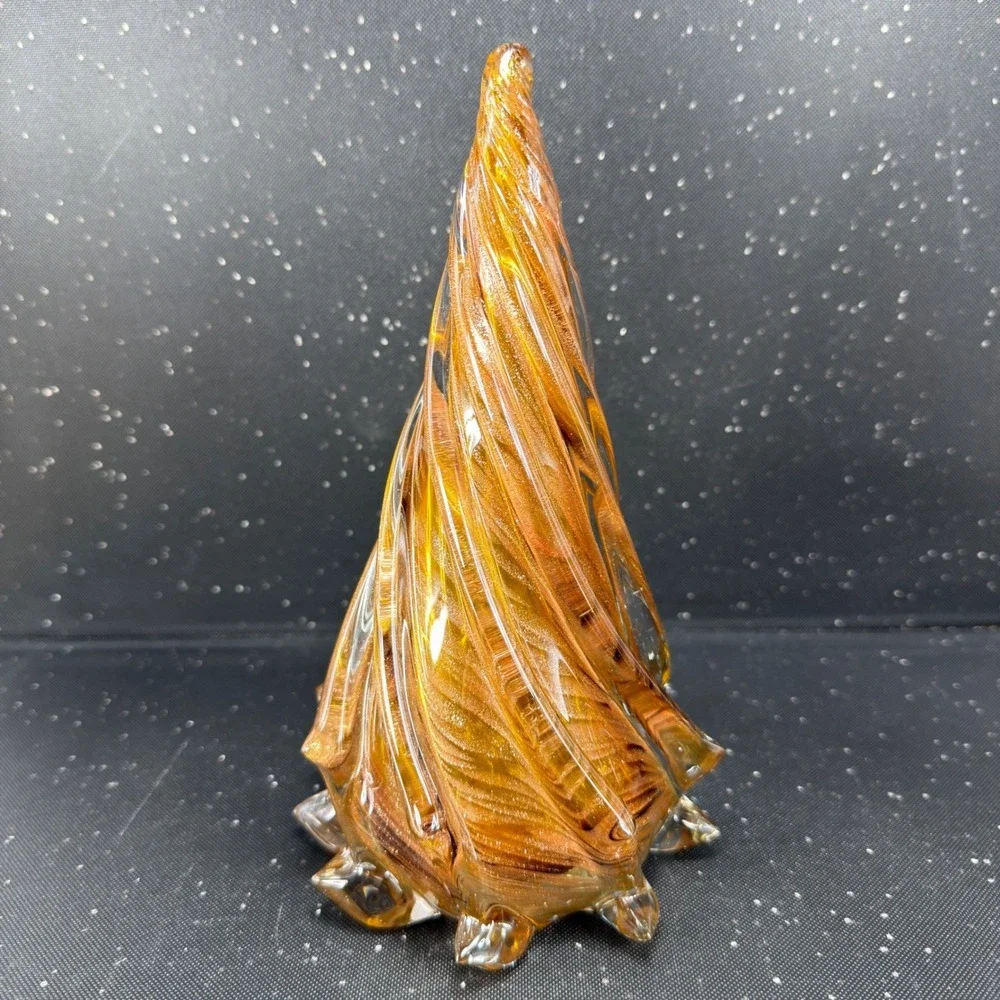 Pier 1 Art Glass Christmas Tree Figurine Amber Copper Glitter 8inch Paperweight